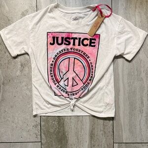 Justice White Tee with Pink Peace Graphic and Front Knot